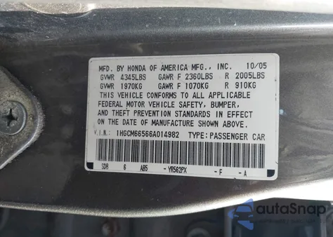 2006 Honda Accord 3.0 Ex from USA, damaged, VIN 1HGCM66566A014982